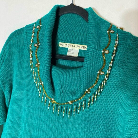 Vintage Victoria Jones Beaded Oversized Green Ramie Cotton Cowl Neck Sweater L - Picture 8 of 16